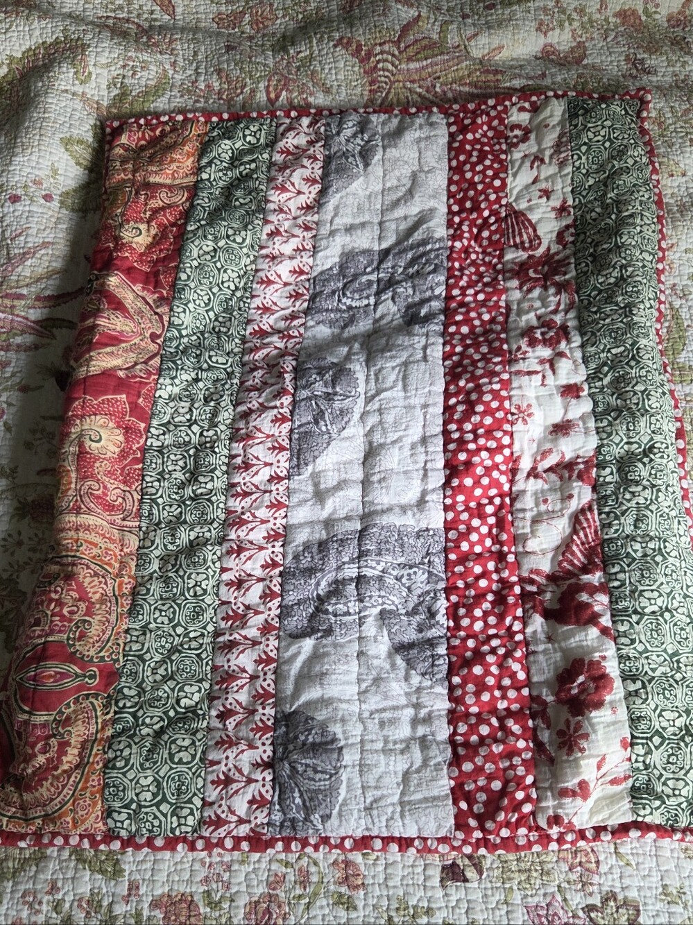 Pottery Barn Striped Quilted Sham in Red, Green, Cream - Classic Home Flaws